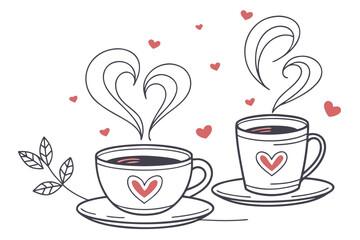 Two coffee cups with heart-shaped steam, flat minimalist Valentine’s Day 2026 vector, cute modern illustration for romantic café cards and cozy love artwork.
