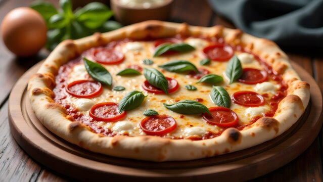 Delicious pepperoni pizza with basil leaves on a wooden board, Italy - Powered by Adobe