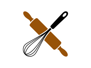 Vector art of rolling pin and whisk crossed, baking and cooking utensils