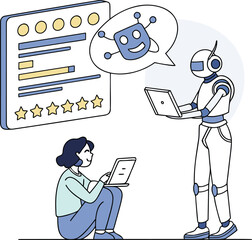 An illustration of a cartoon doctor with a clipboard and a business woman working on her laptop in an office.