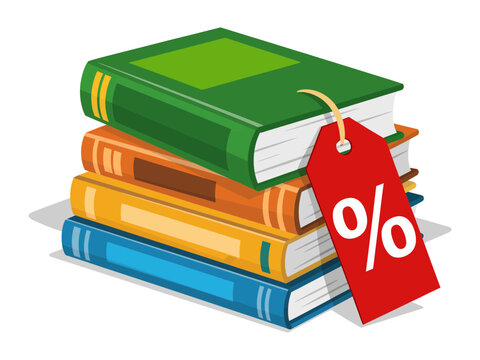 Vector art of stack of books with discount tag, education and sale concept