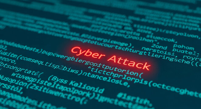Close-up of teal code with red "Cyber Attack" highlighted, symbolizing digital threat and online security breach