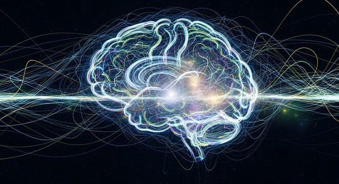 Glowing digital brain with intricate neural pathways and light effects