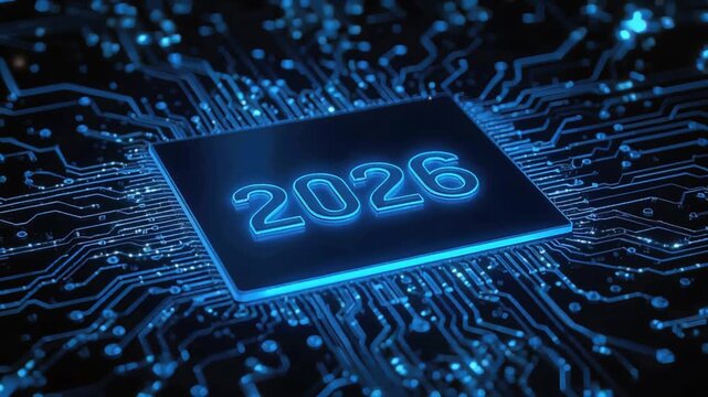 The metallic numbers 2026, embossed in a futuristic font, are clearly visible on the glowing blue surface of the microchip.