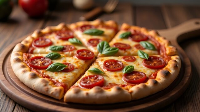 Classic Margherita Pizza on Wooden Board, Fresh Tomatoes & Basil, Italian cuisine