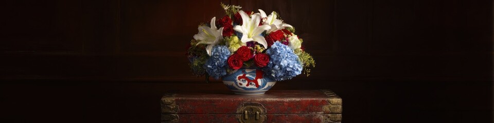 Colorful floral arrangement in a decorative vase on a wooden surface
