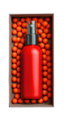 Red spray bottle in a box of orange beads
