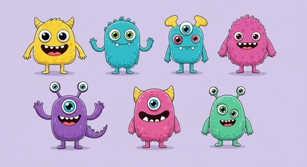Fototapeta premium A collection of seven adorable cartoon monsters in bright colors and unique shapes, standing on a purple background with playful and cheerful expressions.