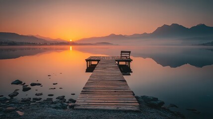 Beautiful sunset over tranquil lake with reflection, scenic mountain landscape, peaceful pier, and vibrant outdoor scenery in a calm evening setting