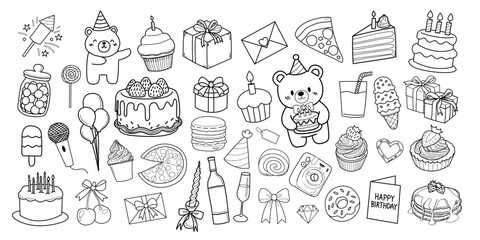 Birthday Party Line Icons Set, Cute Hand Drawn Vector Illustration