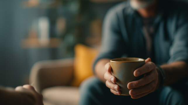 Therapy session with focus on person holding cup in warm light.