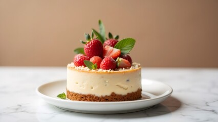 Delicious cheesecake with fresh strawberries on a white plate, studio shot