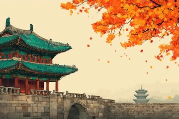 Fototapeta premium Autumn leaves gracefully falling around traditional East Asian architecture with intricate detail showcasing nature's beauty and seasonal change symbolizing history and harmony