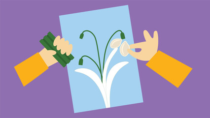 Hands holding plasticine and making a craft of snowdrop flowers. Vector illustration in flat style.