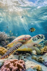 Sea Turtle Swimming Near Coral Reef with Fish in Clear Ocean