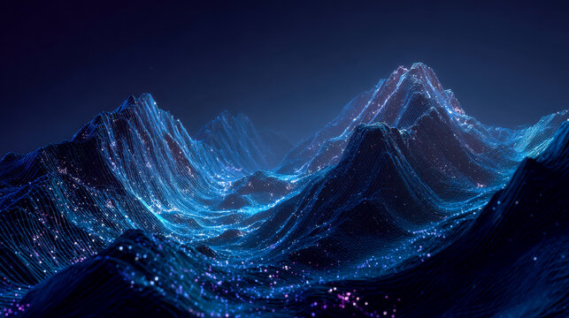 Futuristic digital mountain landscape with glowing data points and lines