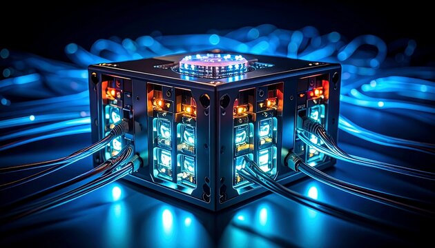 Technological cube with interconnected circuits and glowing wires, futuristic