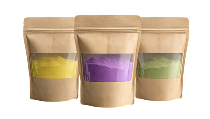 Three kraft paper pouches, each with a clear window showing colorful powder