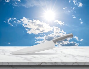 Kitchen knife on marble countertop under a bright sky