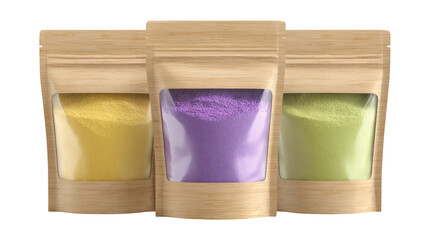 Three kraft paper pouches, with clear windows, hold different colored powders