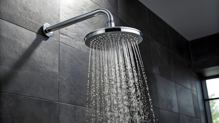Modern Bathroom Shower Head With Flowing Water Stream In Dark Tile Interior Hygiene And Relaxation