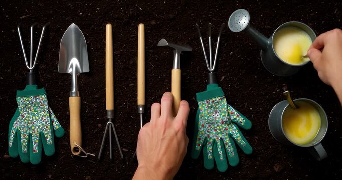 Gardening tools arranged on dark soil with person adding water