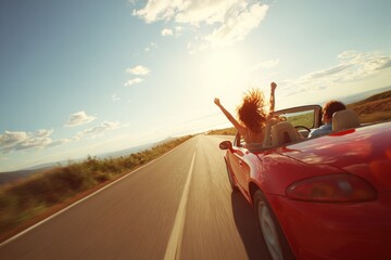 Happy couple driving in a red convertible car along an open road at sunset. The woman raises her arms in joy as her hair flows in the wind, symbolizing freedom, happiness, and adventure.