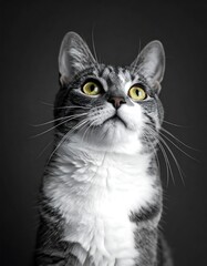 Grey tabby cat looking up