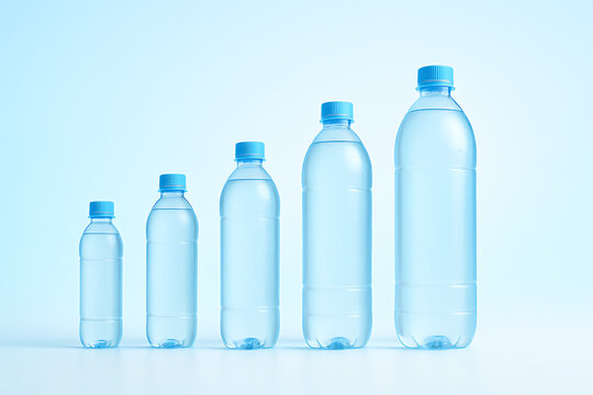 Five clear plastic water bottles in varying sizes.