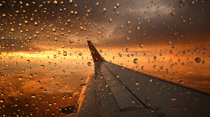 View of an airplane wing with raindrops on the window capturing a dramatic golden sunset sky filled with warm clouds during a rainy flight journey above the horizon