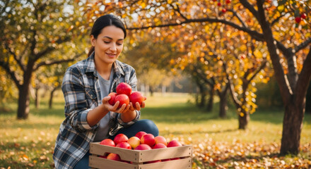 Woman holding red apple in apple orchard. Autumn harvest and fruit picking season. Agronomy and healthy food concept for farm