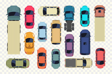 Various colorful cars, trucks, and vans top view on transparent background. Vector illustration