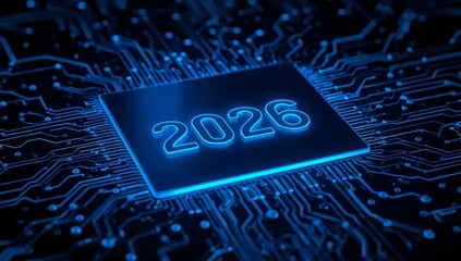 The metallic numbers 2026, embossed in a futuristic font, are clearly visible on the glowing blue surface of the microchip.
