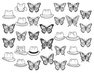 Black and white pattern of hats and butterflies