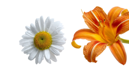 PNG of Delicate white daisy and vibrant orange lily create a stunning floral contrast, evoking a sense of harmony in nature.