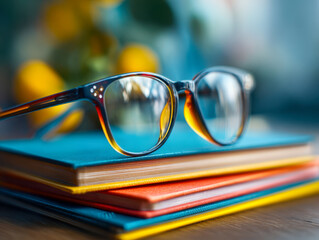 Eyeglasses resting on a stack of colorful hardbound books with a blurred background of warm tones and soft natural lighting on a wooden table surface