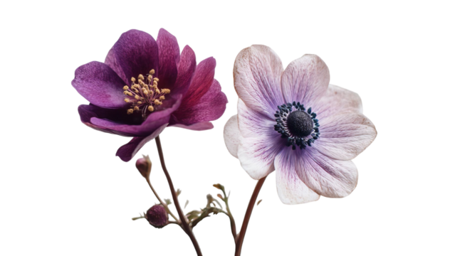 PNG of Two elegant flowers: a deep purple Anemone and a delicate lavender one, harmonizing in beauty and grace.