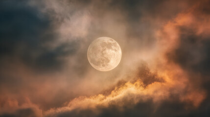 Fototapeta premium Full moon glowing softly through dramatic orange and gray clouds during twilight creating a mystical and serene night sky atmosphere