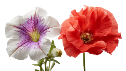 PNG of A stunning arrangement of a white petunia with purple veins and a vibrant red poppy flower, showcasing nature's beauty.
