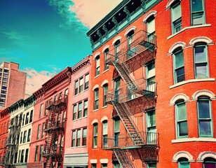 old brick townhouses with fire escapes color toning applied new york city usa