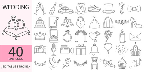 A set of wedding line icons in a minimalist style with editable stroke. Marriage ceremony collection, love and romance symbols, celebration party elements, bride, groom, ring, heart icons.