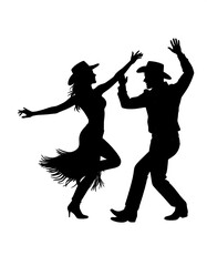 Silhouette couple dancing, cowboy hats, playful, joyful movement