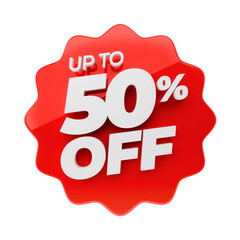 Up to 50% Off red starburst sticker. Special offer discount tag. 3D render in high resolution. Transparent background for place in your design.