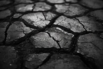 Close-up of severely cracked, parched earth in black and white, depicting extreme drought and environmental distress with a desolate texture.