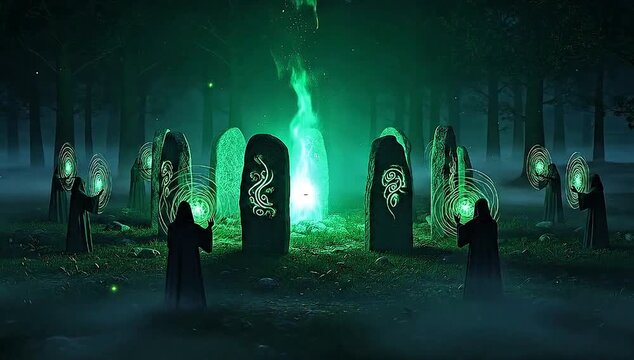 A mystical nighttime ritual in a foggy forest with robed figures, glowing green magic, and ancient runestones.