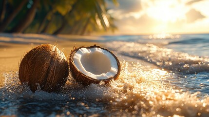 Coconut on Tropical Beach with Ocean Waves at Sunset