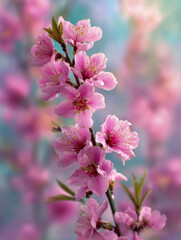 Obraz premium Vibrant pink blossoms blooming on a slender branch with soft green leaves against a dreamy blurred background of pastel colors in springtime scenery