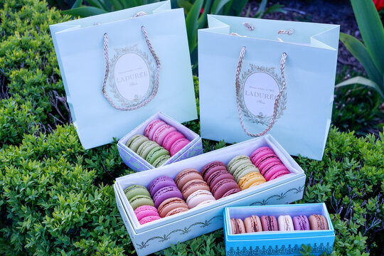 Paris, France - April 16, 2018: Colorful Laduree macarons in elegant packaging from Laduree displayed on lush greenery, showcasing a delightful assortment of gourmet treats with copy space