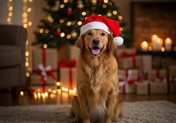 Golden Retriever dog wearing Santa hat sitting in front of a cozy Christmas tree with lights and fireplace, festive holiday background