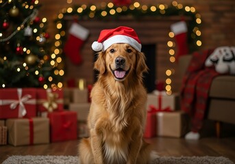 Golden Retriever dog wearing Santa hat sitting in front of a cozy Christmas tree with lights and fireplace, festive holiday background
